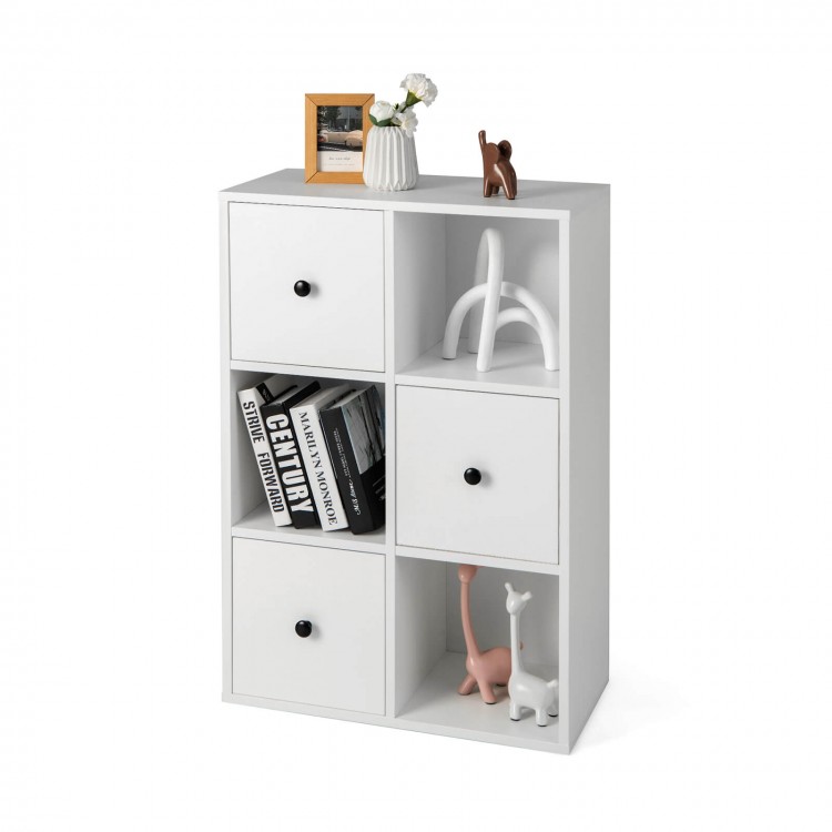 3-tier white bookshelf featuring drawers, anti-toppling device, and smooth metal sliders for versatile storage.
