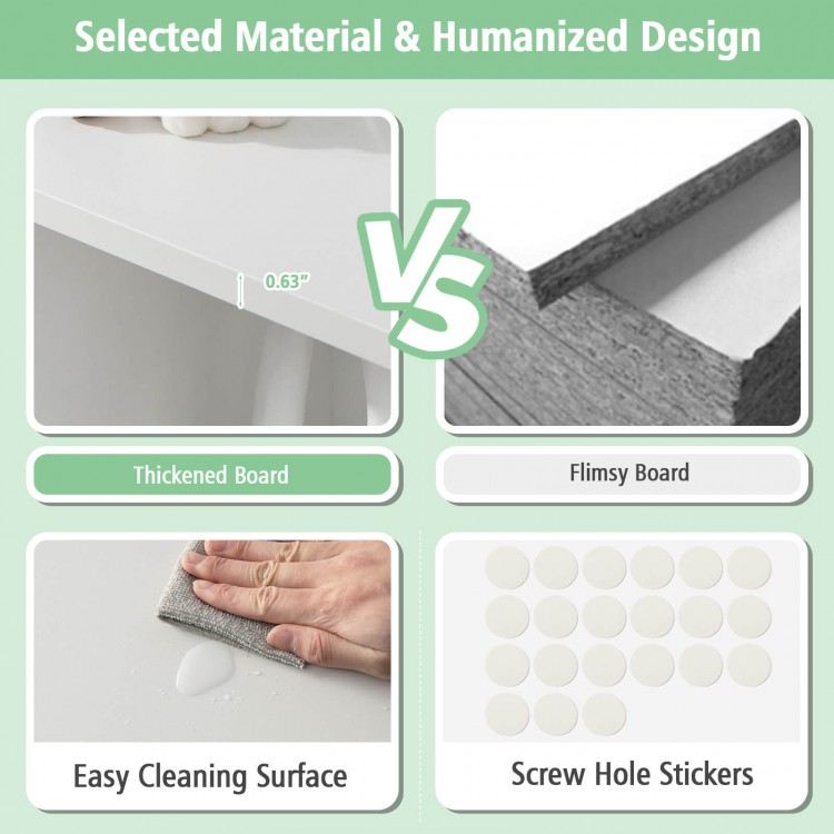 3-tier white bookshelf showcasing easy cleaning surface and screw hole stickers for a uniform look and safety features.
