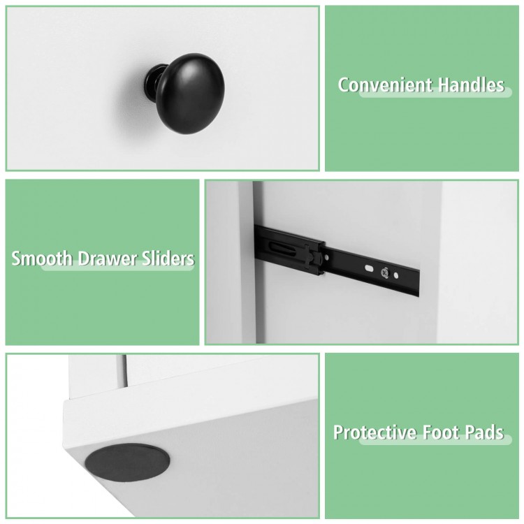 Close-up of the 3-tier bookshelf's smooth drawer sliders and protective foot pads for safety and easy maintenance.