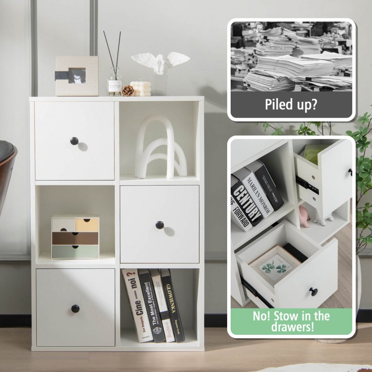 3-tier white bookshelf with drawers, featuring smooth metal sliders and anti-toppling device for safety in living rooms.