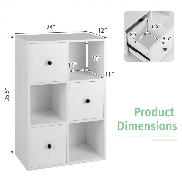 3-tier white bookshelf with six drawers, featuring dimensions and anti-toppling device for living room safety.