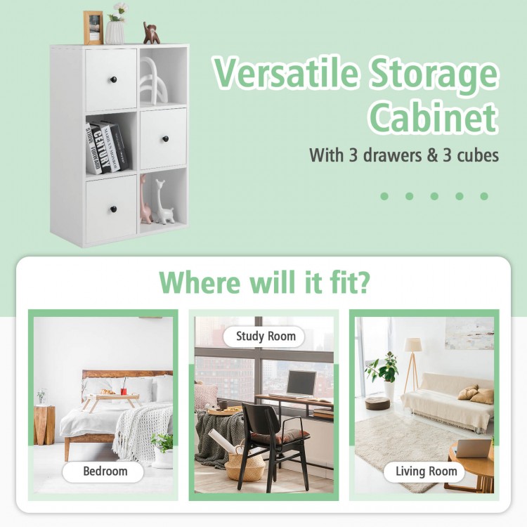 3-tier white bookshelf with anti-toppling device, featuring 3 drawers and smooth metal sliders for easy access.