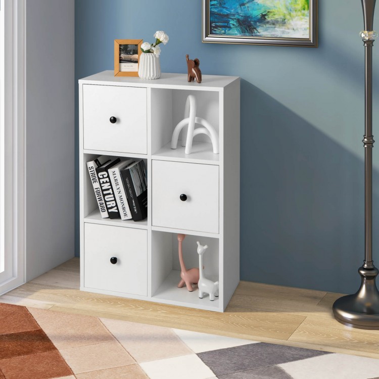 Three-tier white bookshelf with drawers, featuring anti-toppling device, ideal for living room storage and organization.