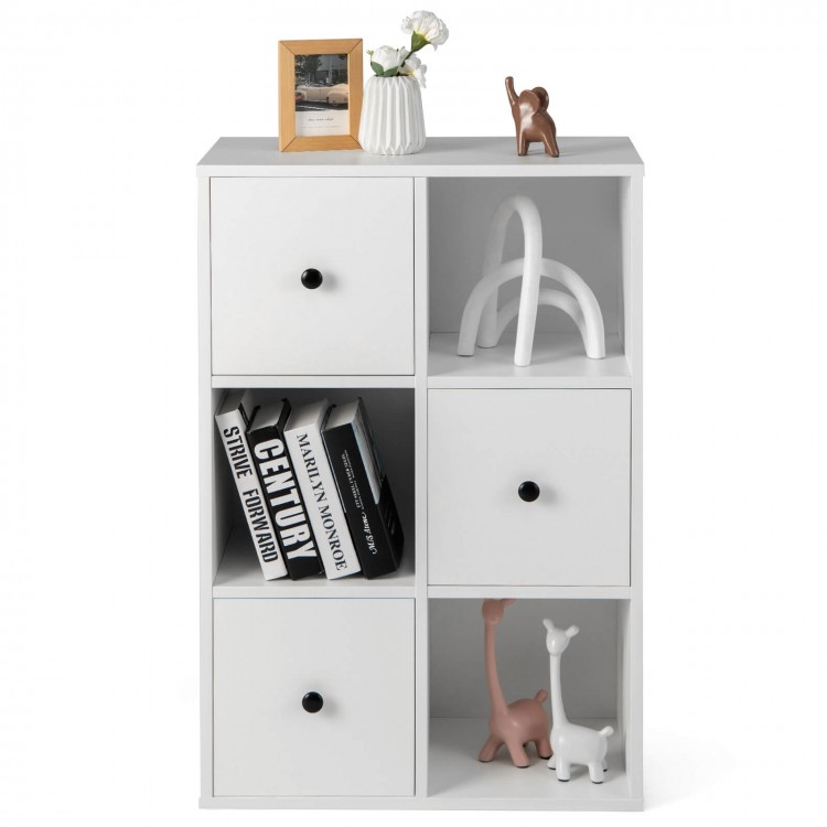 3-tier white bookshelf featuring smooth metal sliders and anti-toppling device, ideal for living room storage and decor.