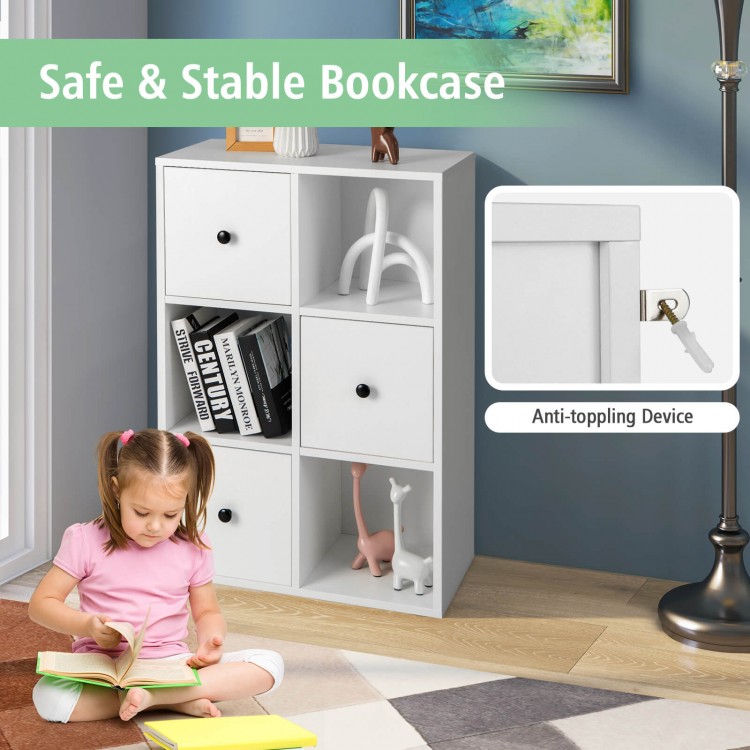 3-tier white bookshelf with anti-toppling device, featuring smooth metal sliders and non-slip foot pads for safety.