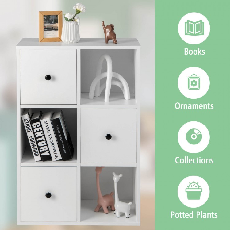 3-tier white bookshelf featuring smooth metal sliders and anti-toppling device, ideal for living room organization.