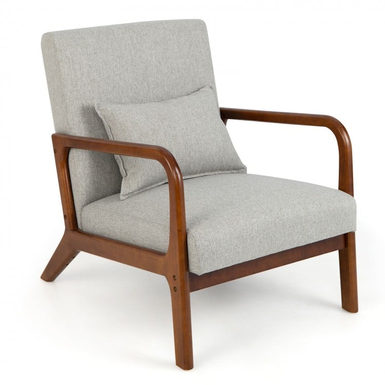 Modern accent chair in gray with rubber wood frame and lumbar pillow, ideal for reading and relaxation.