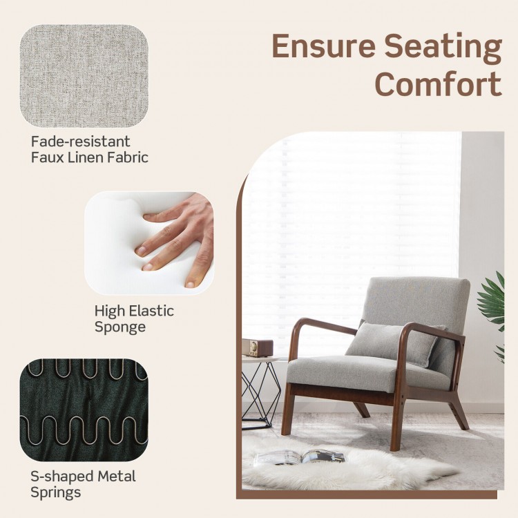 Modern accent chair with rubber wood frame, gray faux linen fabric, and lumbar pillow for comfortable seating.