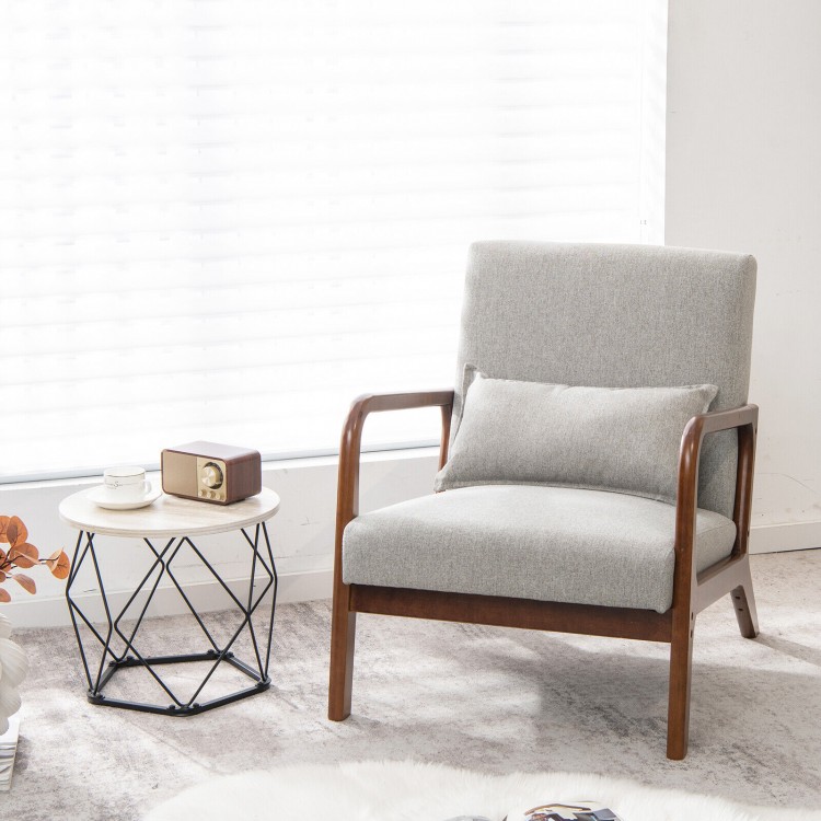 Modern accent chair with rubber wood frame, gray faux linen fabric, and lumbar pillow, perfect for relaxing activities.