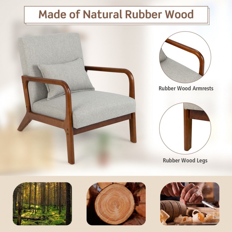 Modern accent chair with rubber wood frame, gray cushion, and lumbar pillow, perfect for relaxation and comfort.