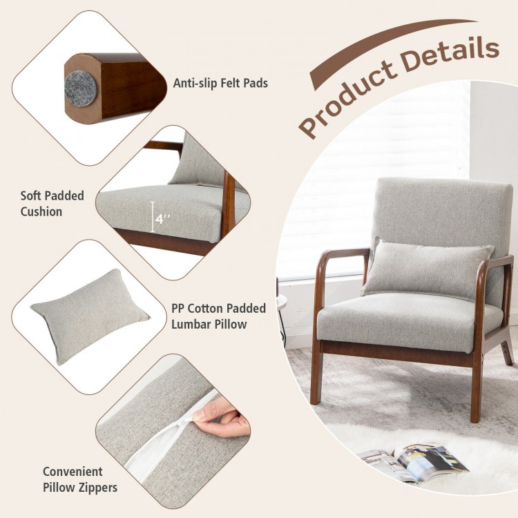 Modern accent chair with rubber wood frame, gray padded cushion, and lumbar pillow for comfortable relaxation.