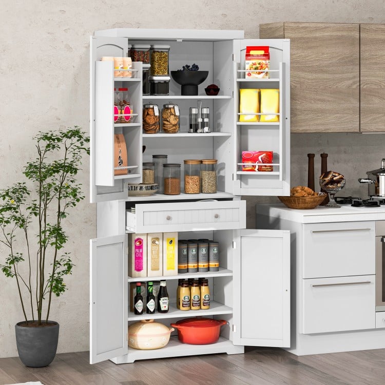 Freestanding 72-inch white kitchen pantry cabinet with four doors, adjustable shelves, and modern design for versatile.