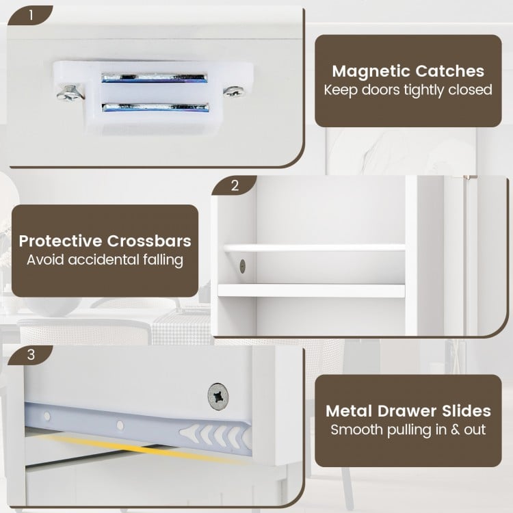 Close-up of magnetic catches and protective crossbars on a 72-inch white kitchen pantry cabinet for secure storage.