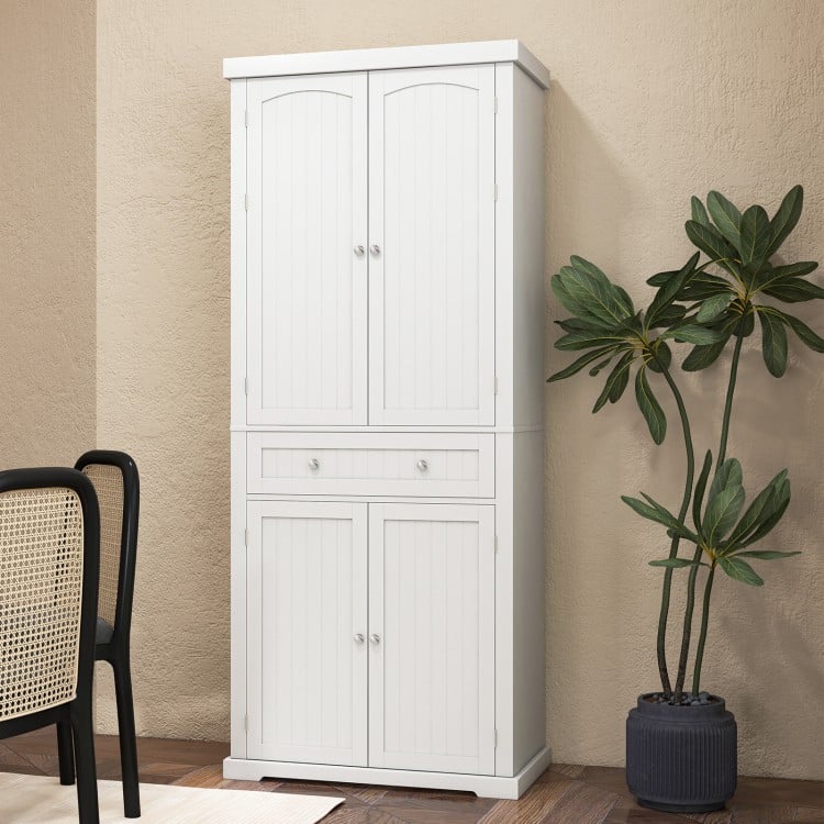 Freestanding white kitchen pantry cabinet with 4 doors, adjustable shelves, and a drawer for versatile storage.