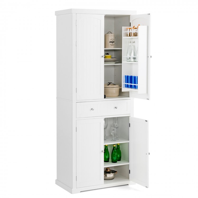 Freestanding white kitchen pantry cabinet with four doors, adjustable shelves, and a sleek modern design for versatile.