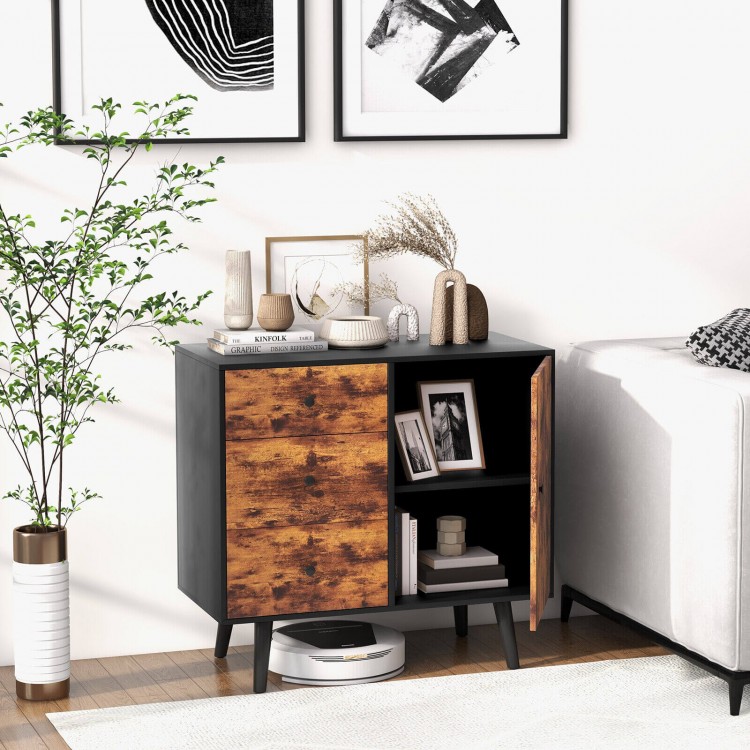 Mid-century wood storage cabinet with door and 3 drawers, featuring a vintage look and adjustable shelves for versatile.