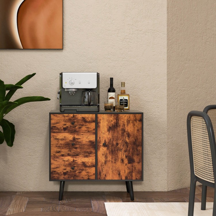 Mid-century wood storage cabinet with two doors and three drawers, featuring a vintage design for versatile room use.