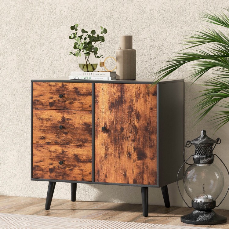 Mid-century wood storage cabinet featuring 3 drawers and a door, perfect for organizing essentials in any room.