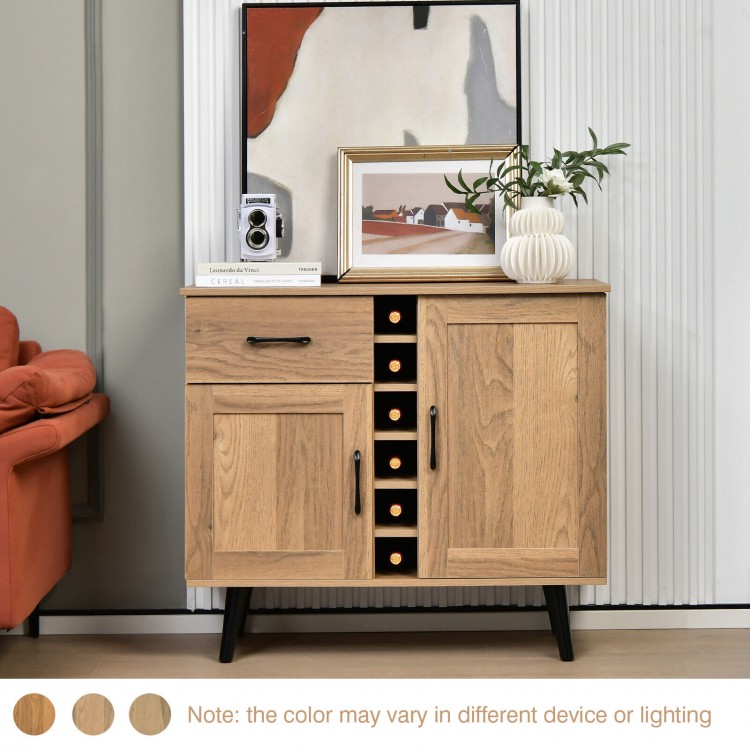 2-door buffet sideboard in oak with 6-bottle wine rack and pull-out drawer, perfect for mid-century modern decor.