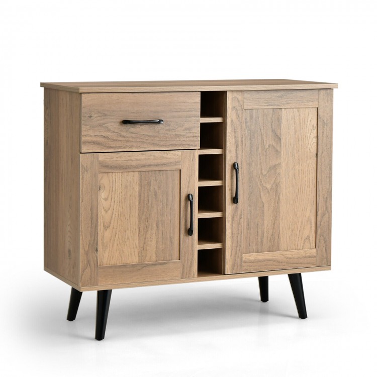 2-door buffet sideboard in oak finish with 6-bottle wine rack, drawer, and adjustable shelves for versatile storage.