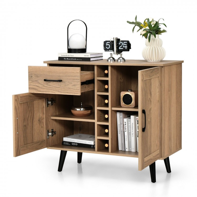Buffet sideboard with two doors, six-bottle wine rack, and adjustable shelves in mid-century modern style for versatile.