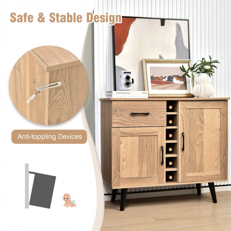 2-door buffet sideboard in mid-century modern style with 6-bottle wine rack and pull-out drawer for versatile storage.