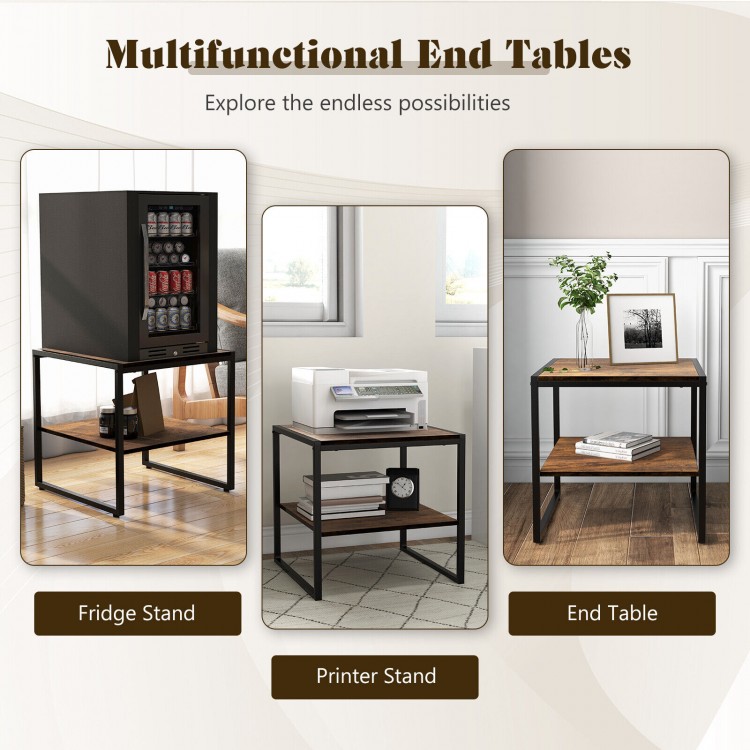 Rustic brown 2-tier end table set with metal frame, perfect for living room or bedroom, accommodating mini fridge or.