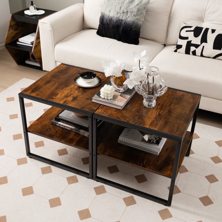 Rustic brown 2-tier end table set with metal frame, ideal for living room or bedroom storage and decor.