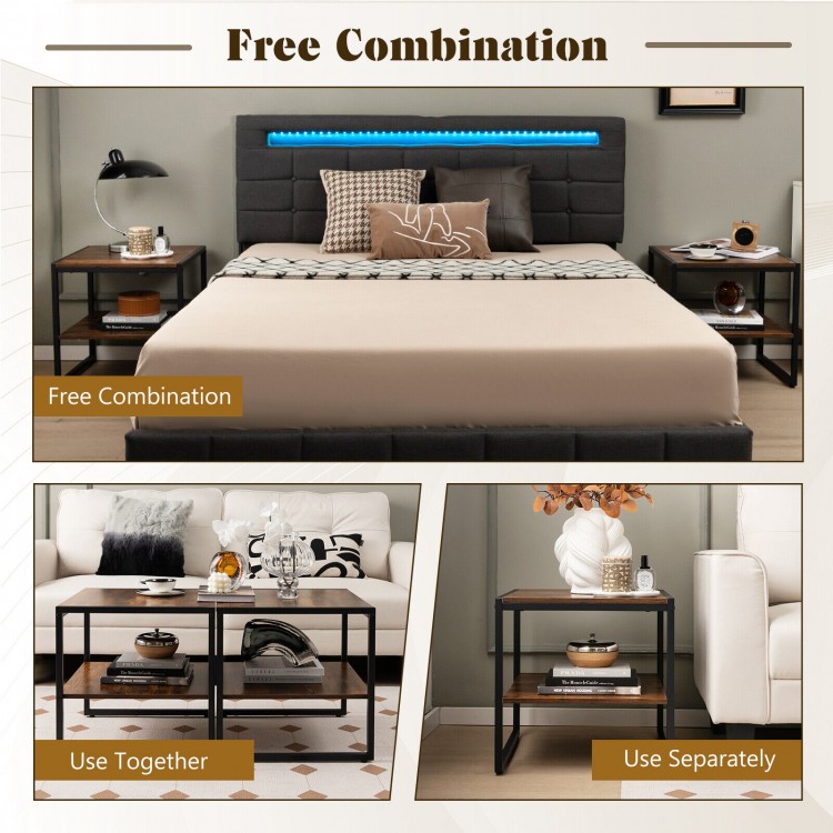 Rustic brown 2-tier square end side tables with metal frame, perfect for living room or bedroom use, shown together.