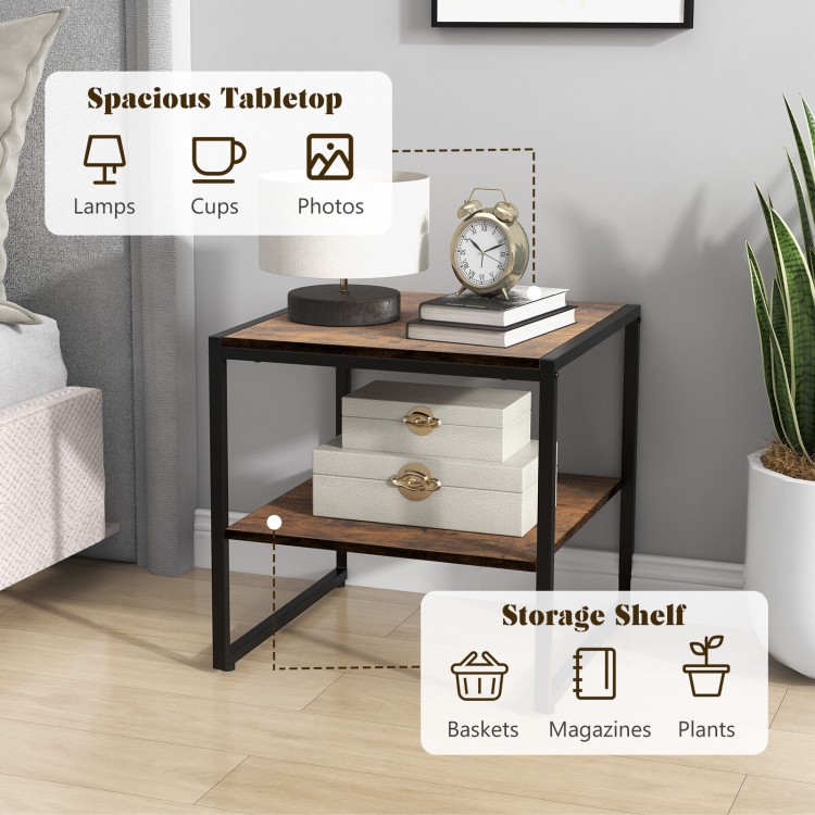 Rustic brown 2-tier end table set with spacious tabletop and storage shelf, ideal for living room or bedroom use.