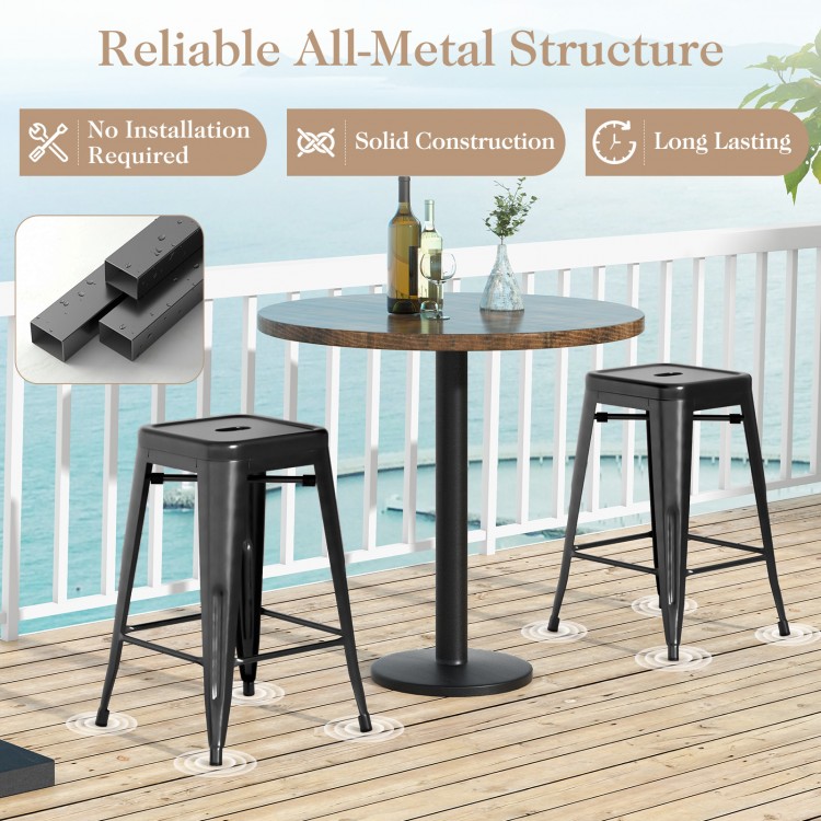 Black 24-inch Tolix style counter height barstool set with stackable design, ideal for kitchen or home bar use.