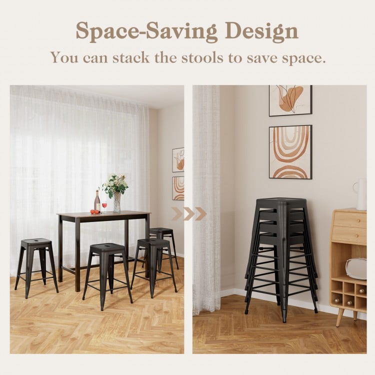 Set of 4 black stackable Tolix style counter height barstools with a durable plastic sprayed surface for easy cleaning.