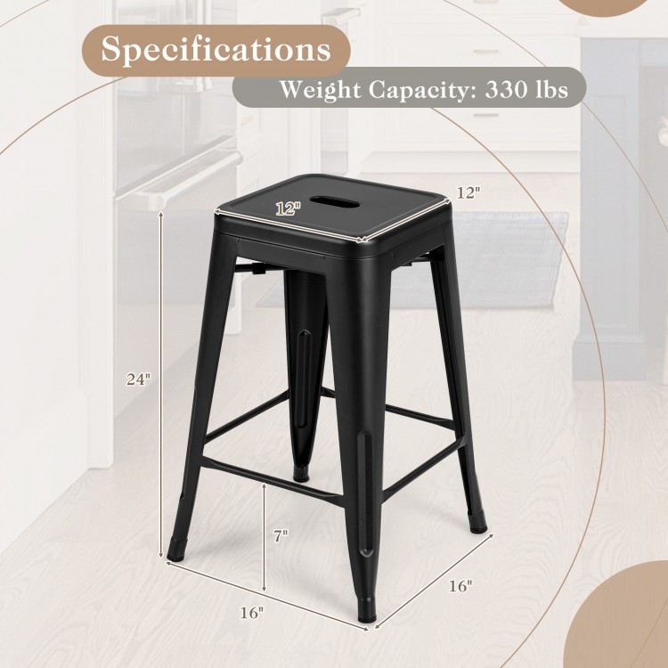 Black 24-inch Tolix style counter height barstool with stackable design, anti-skid foot pads, and waterproof surface.