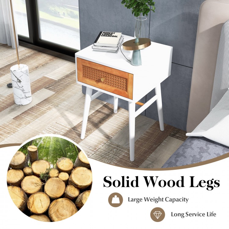 1-Drawer modern bedside table with solid wood legs, rattan front panel, and large drawer for convenient storage.