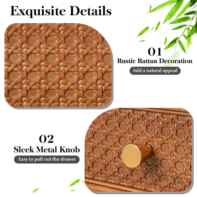 Close-up of the rattan-decorated front panel and sleek metal knob of the 1-drawer bedside table for stylish storage.