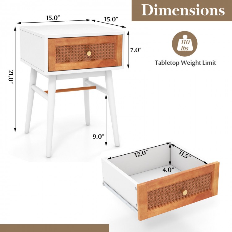 1-drawer modern bedside table with solid wood legs, white finish, rattan front panel, ideal for bedroom or living room.