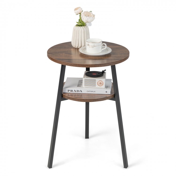 2-Tier Round End Table with Open Shelf and Triangular Metal Frame-BrownCostway Gallery View 1 of 9