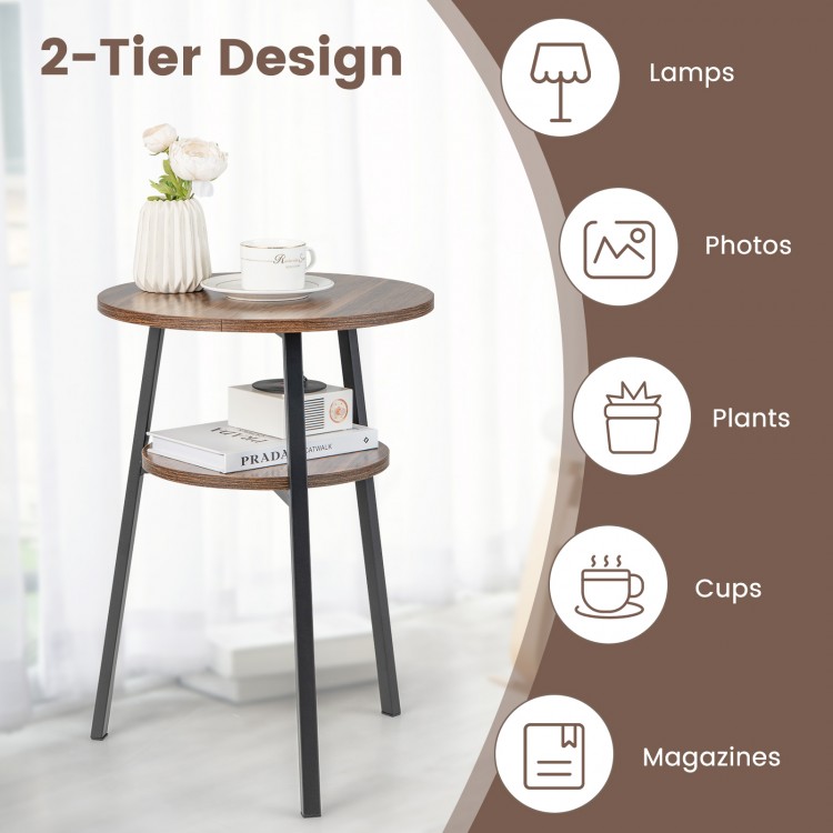 2-Tier Round End Table with Open Shelf and Triangular Metal Frame-BrownCostway Gallery View 5 of 9