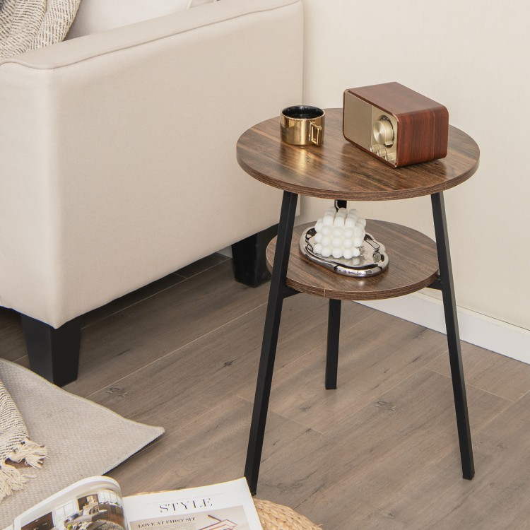 2-Tier Round End Table with Open Shelf and Triangular Metal Frame-BrownCostway Gallery View 6 of 9