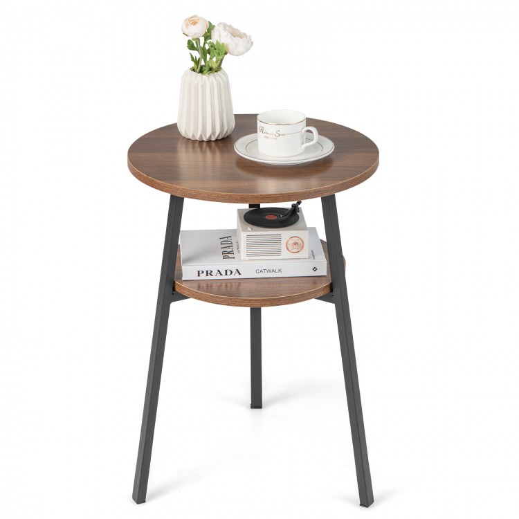 Round end table with walnut finish, triangular metal frame, and open shelf for versatile storage in living room or.
