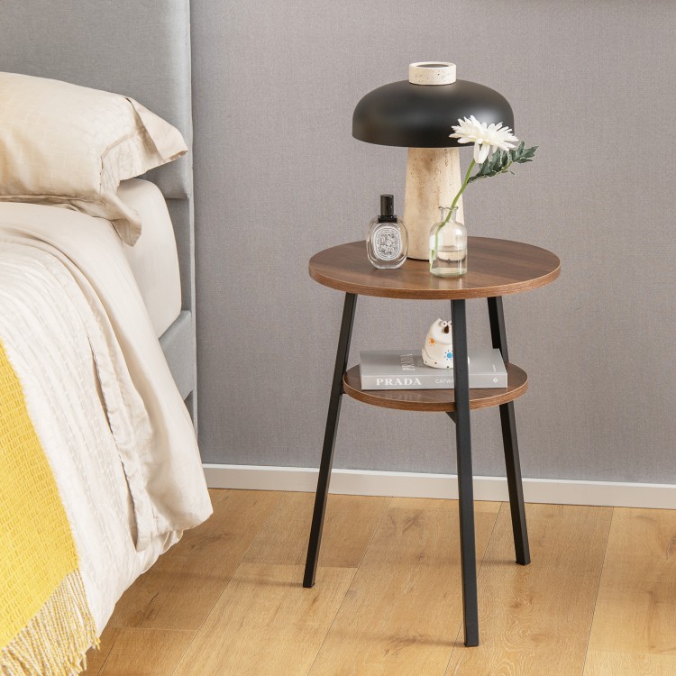 Round end table with walnut finish, triangular metal frame, and two open shelves, perfect for bedroom or living room.