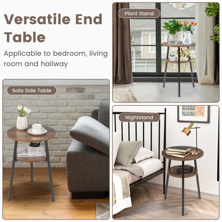 2-tier round end table with open shelf, walnut finish, triangular metal frame, ideal for living room or bedroom use.