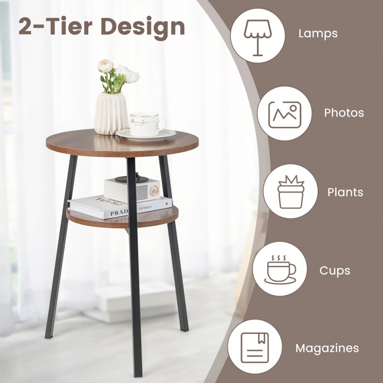 2-Tier round end table with walnut finish and triangular metal frame, ideal for living room or bedroom storage.
