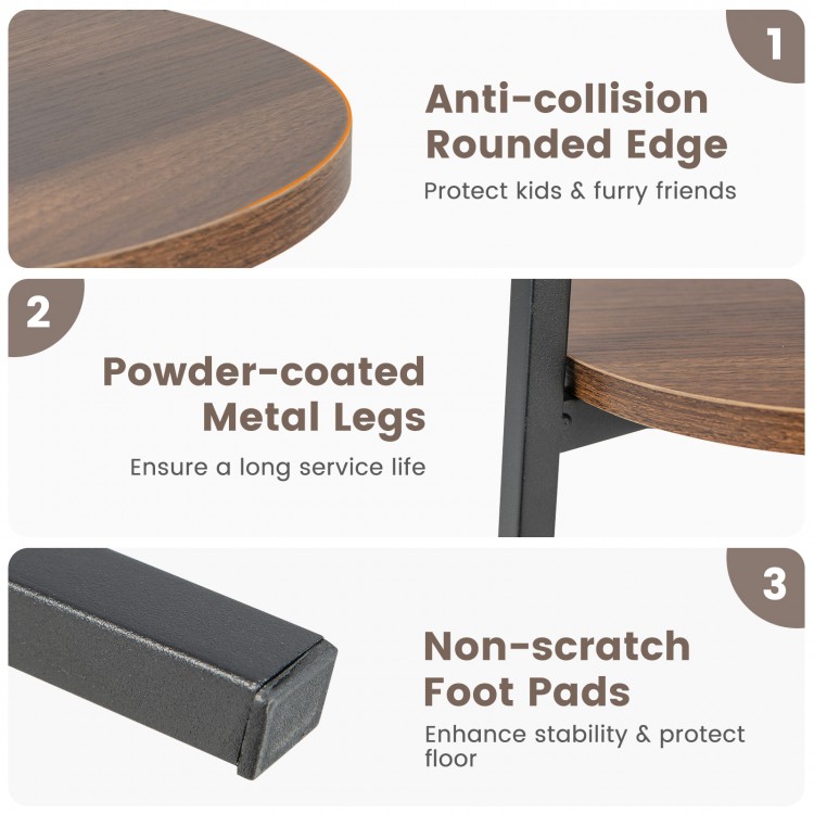 2-tier round end table with walnut finish, featuring anti-collision edges and powder-coated metal legs for stability.
