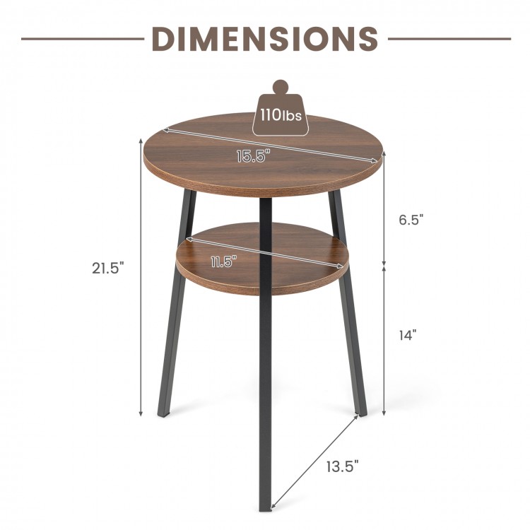 2-tier round end table with walnut finish, triangular metal frame, dimensions shown for living room or bedroom use.
