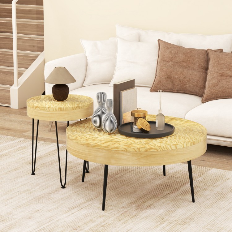 Set of 2 solid wood farmhouse round coffee tables with natural finish and metal legs, ideal for living room decor.