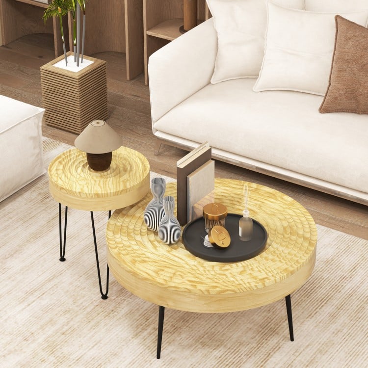Set of 2 solid wood farmhouse round coffee tables with natural finish, featuring unique ripple pattern and sturdy metal.