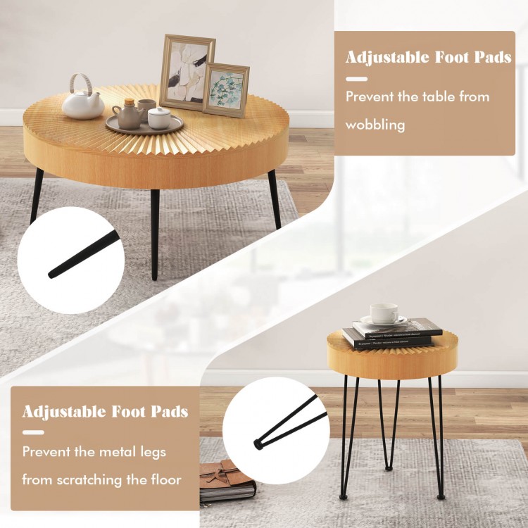 Wooden coffee table set with metal legs, radial pattern, featuring adjustable foot pads for stability and floor.