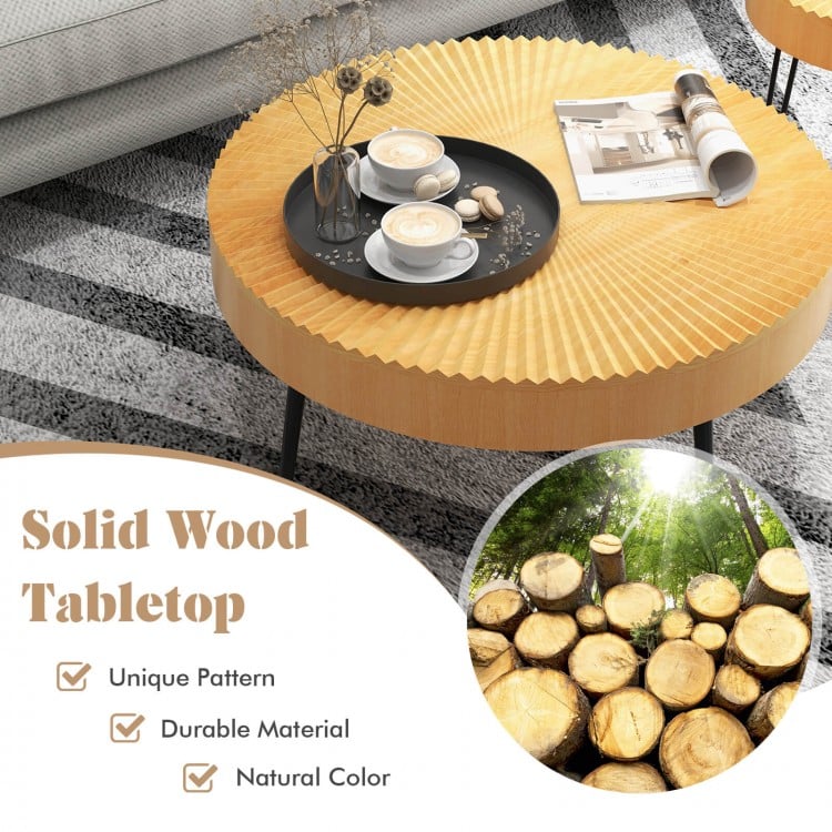 Wooden coffee table set with radial pattern, solid wood top, and metal legs, perfect for cups and magazines.