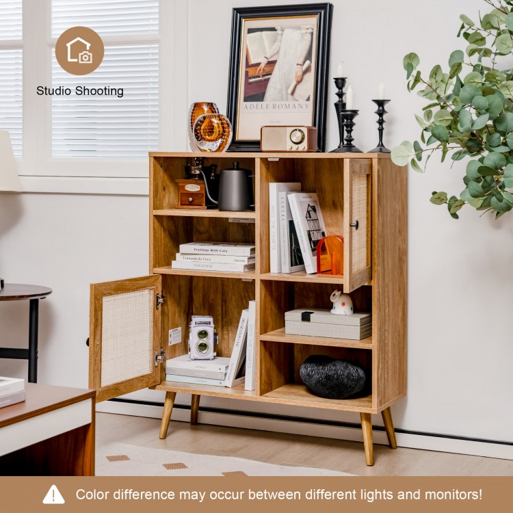Rattan buffet cabinet with 2 doors and 2 cubbies in natural wood, perfect for kitchen or living room storage.